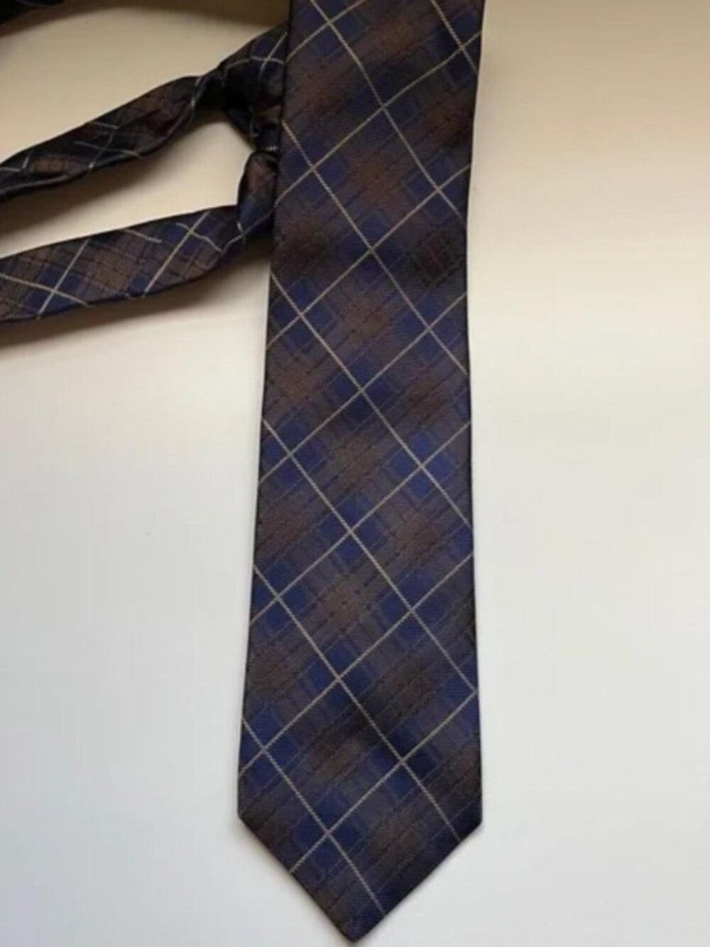 Vintage 1901 Brown Blue Plaid Silk Tie formal wedding tartan old money holiday